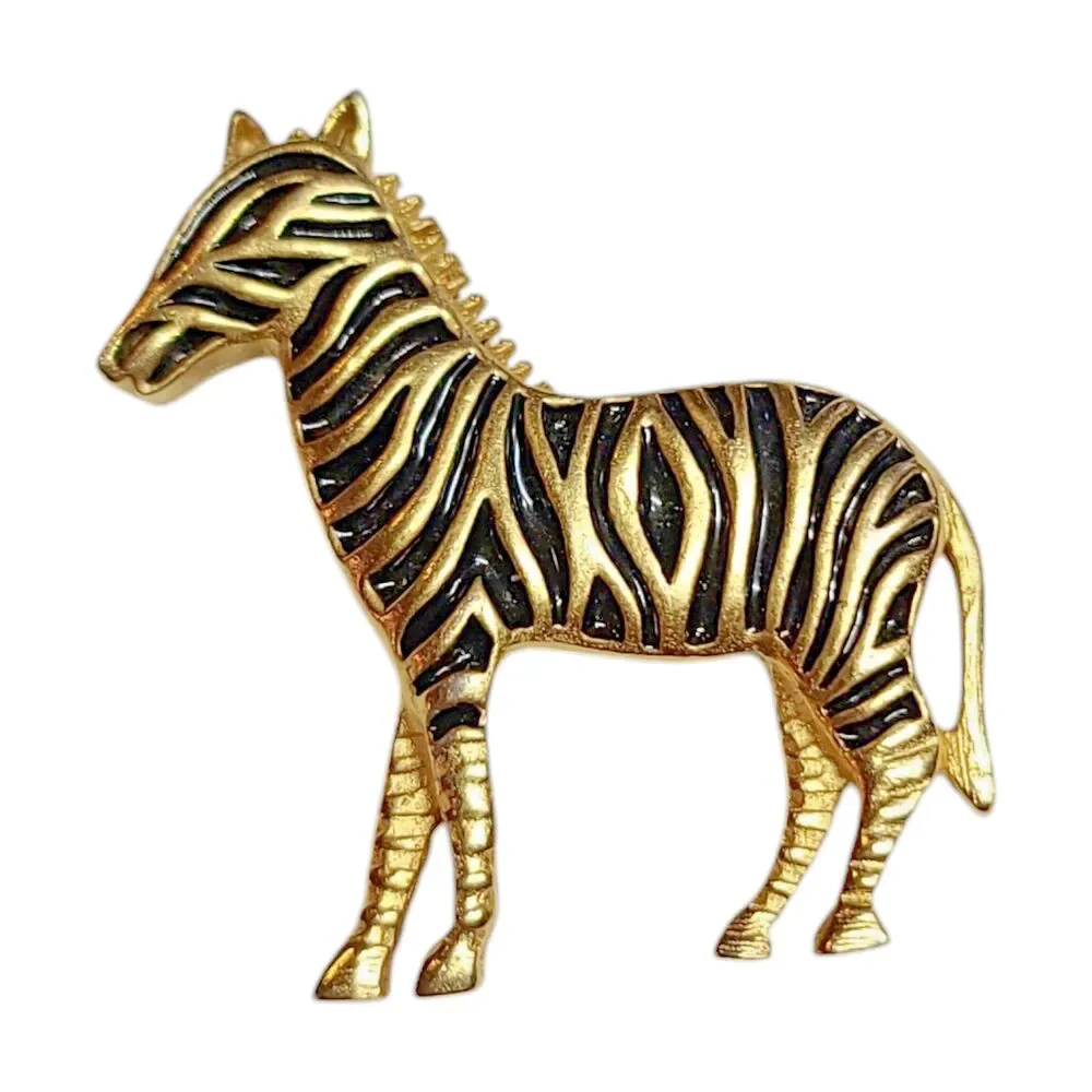Vintage Black Stripe Enamel Gold Tone Zebra Pin Brooch Safari Animal